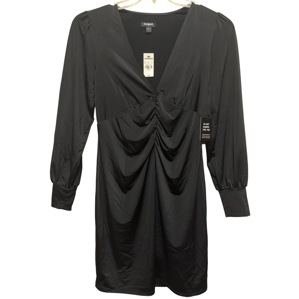 Express Black Ruched V-Neck‎ Long Sleeve Mini Dress 27800862 Small NWT